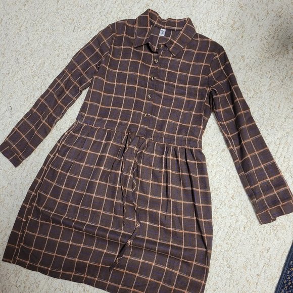 YESSTYLE Women's brown long-sleeved collared plaid cottagecore dress - Picture 2 of 4